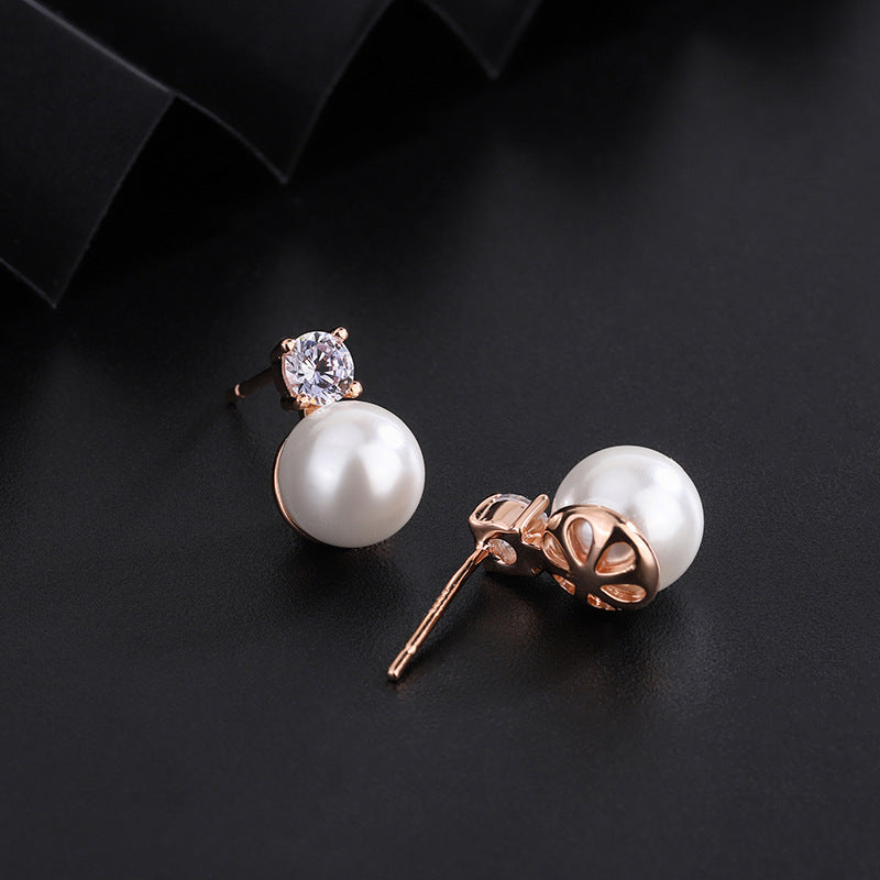 S999 Sterling Silver Square Four-claw Zircon Pearl Stud Earrings