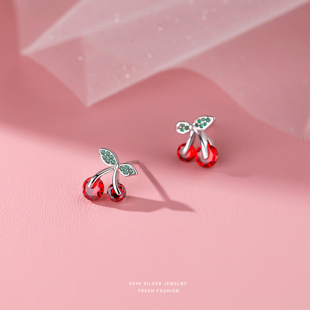 S999 Pure Silver Zircon Cherry Earrings