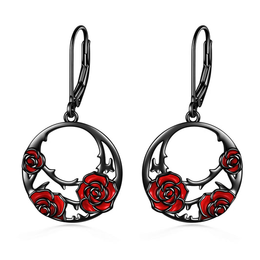 Sterling Silver Red Rose  Leverback Earrings