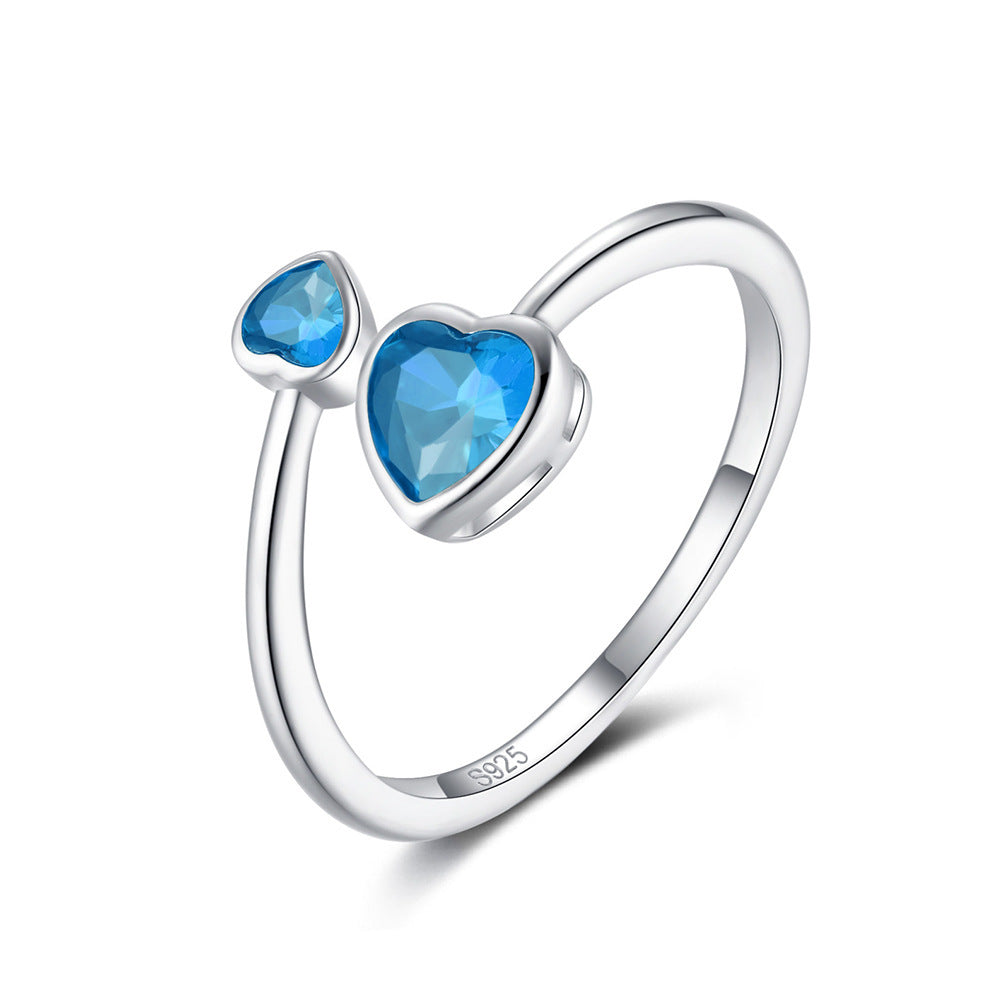 S925 Silver Double-headed Heart Birthstone  Ring