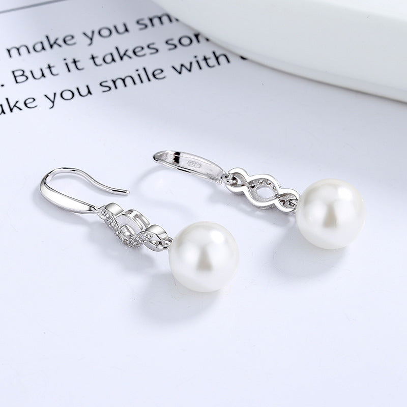 S925 Sterling Silver Long Round Pearl Earrings