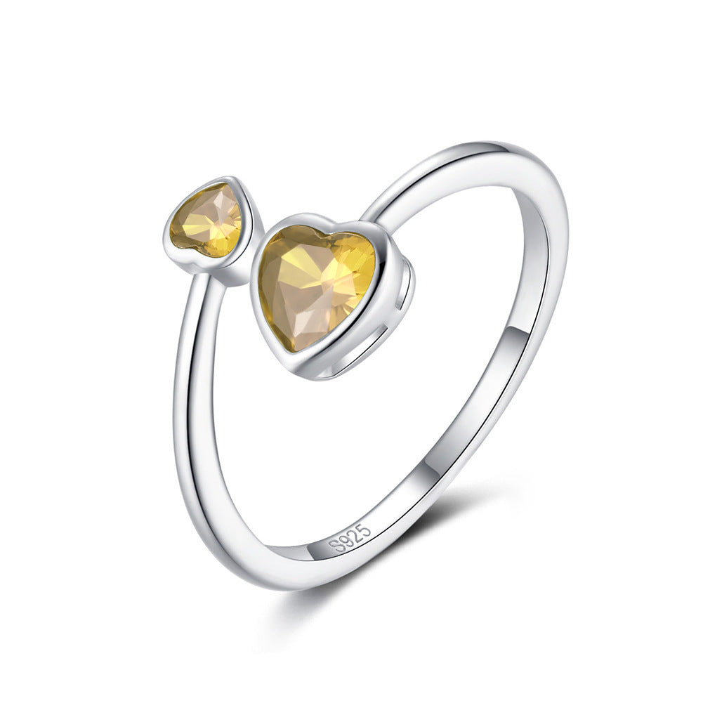 S925 Silver Double-headed Heart Birthstone  Ring