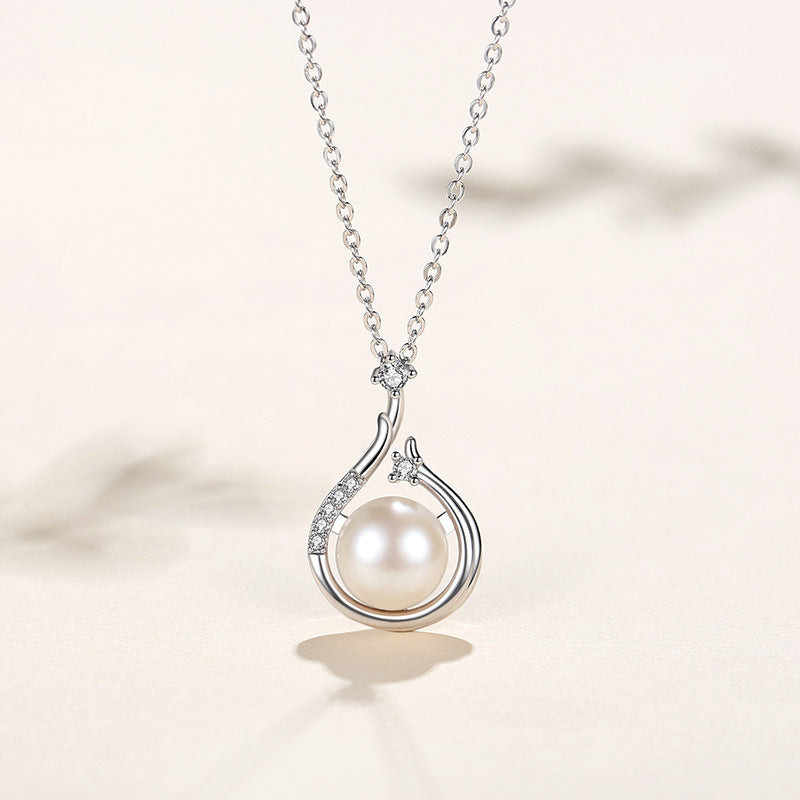 Freshwater Pearl Pendant with Sterling Silver Vintage Full Diamond Clavicle Chain