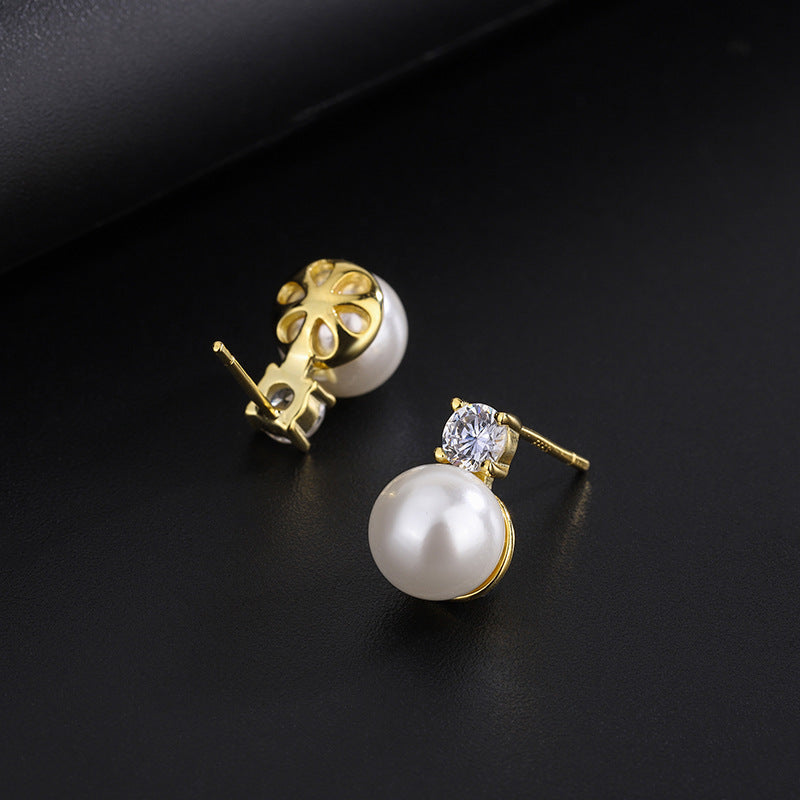 S999 Sterling Silver Square Four-claw Zircon Pearl Stud Earrings