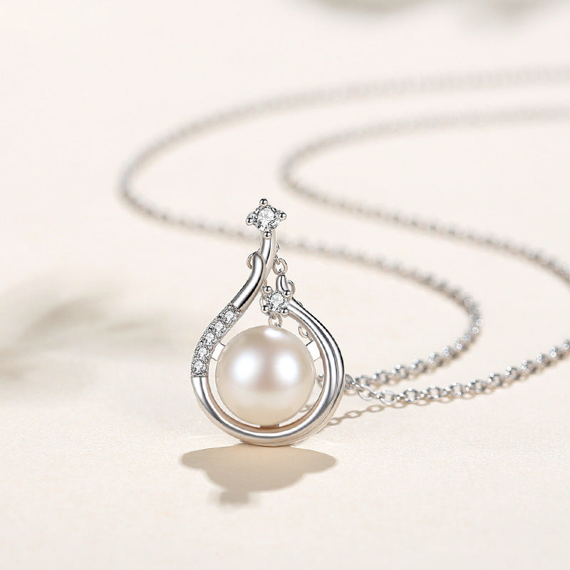 Freshwater Pearl Pendant with Sterling Silver Vintage Full Diamond Clavicle Chain