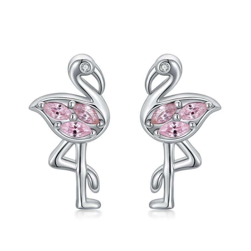 Pink Flamingo CZ Stud Earrings in White Gold Plated Sterling Silver