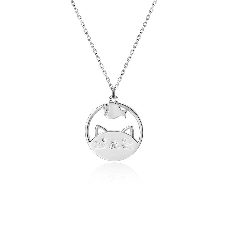 Silver 925 Cat With Fish Necklace