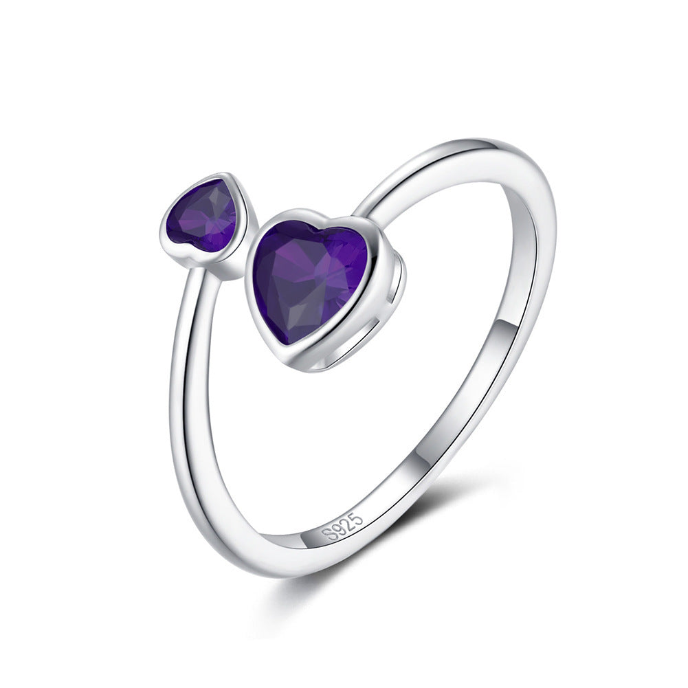 S925 Silver Double-headed Heart Birthstone  Ring