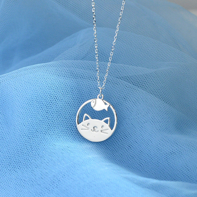 Silver 925 Cat With Fish Necklace