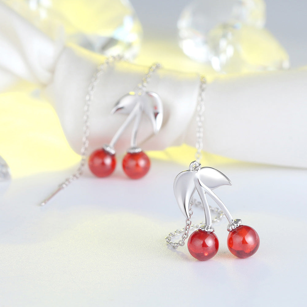 S925 Silver Red Cherry Dangly Earrings