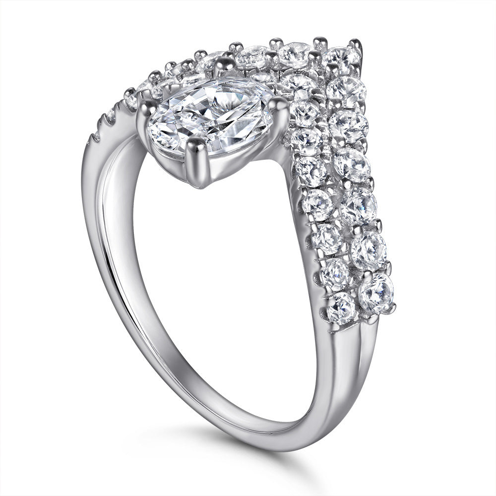 Sterling Silver V-shaped Double Row Diamond Ring