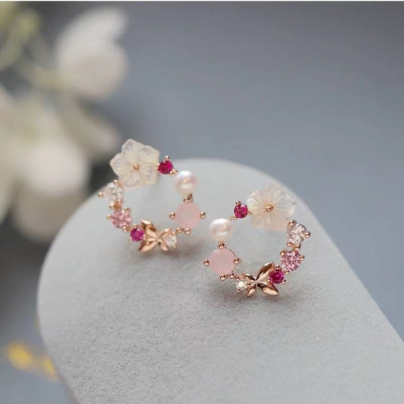 Korean S925 Silver Pink Garland Stud Earrings