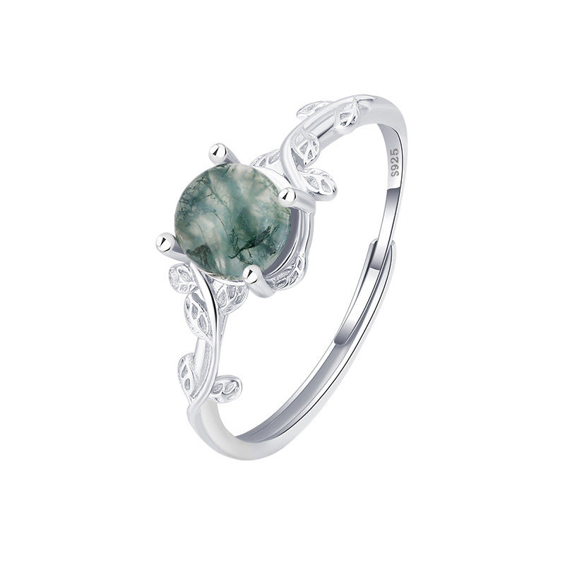 S925 Silver Green Moss Water Plants Agate Stone Ring