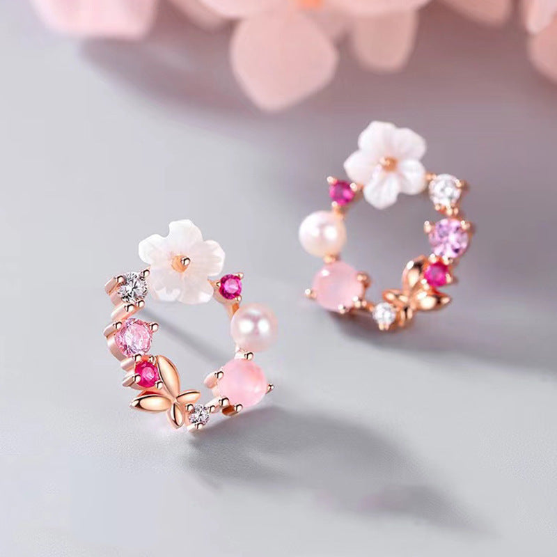 Korean S925 Silver Pink Garland Stud Earrings