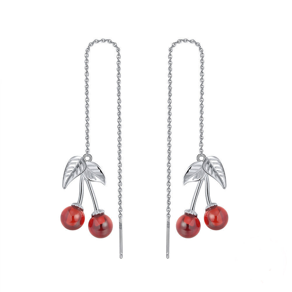 S925 Silver Red Cherry Dangly Earrings