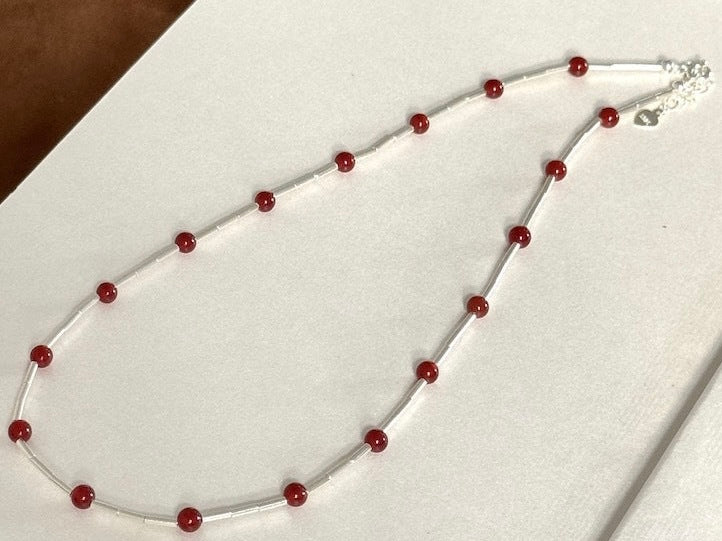 S925 Sterling Silver Red Agate Silver Tube Necklace and Bracelet