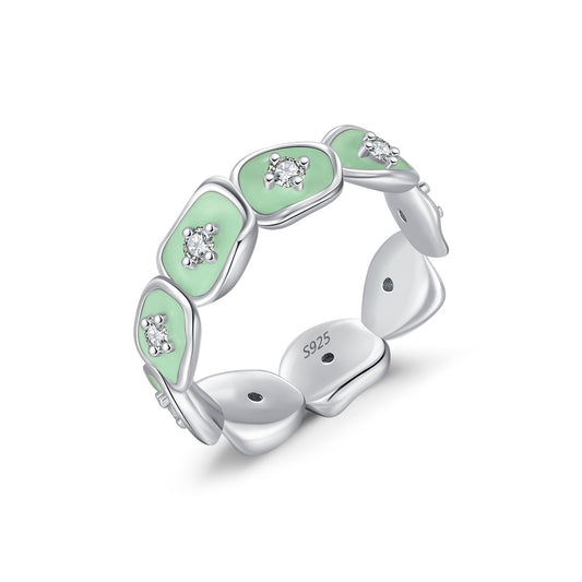 S925 Silver Irregular Diamond Mint Green Drop Glaze Ring