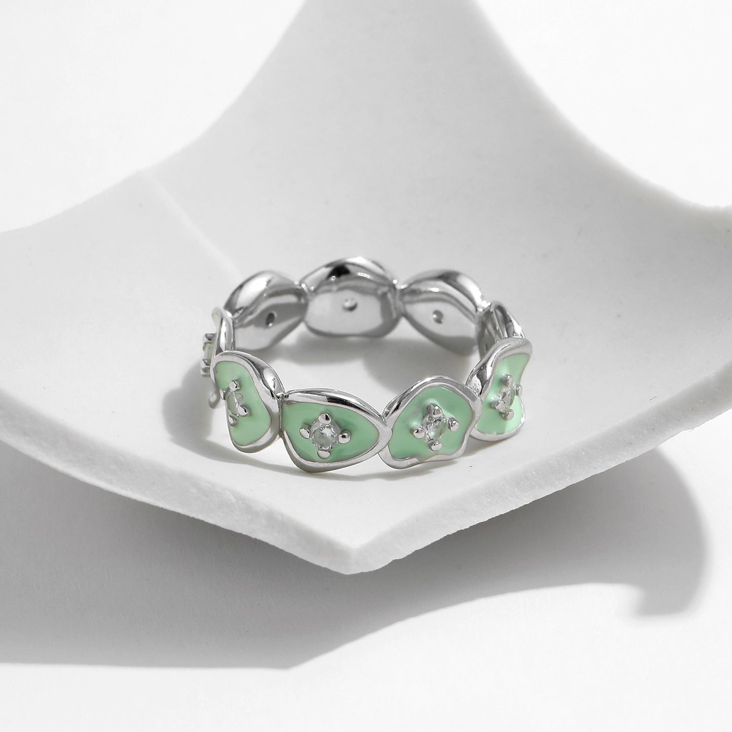 S925 Silver Irregular Diamond Mint Green Drop Glaze Ring