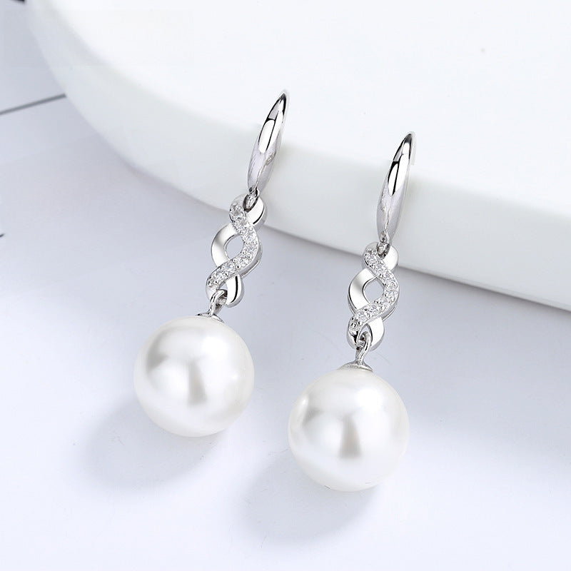 S925 Sterling Silver Long Round Pearl Earrings