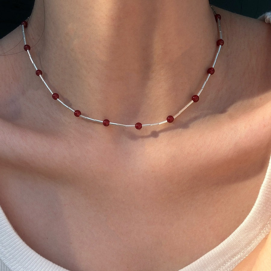 S925 Sterling Silver Red Agate Silver Tube Necklace and Bracelet