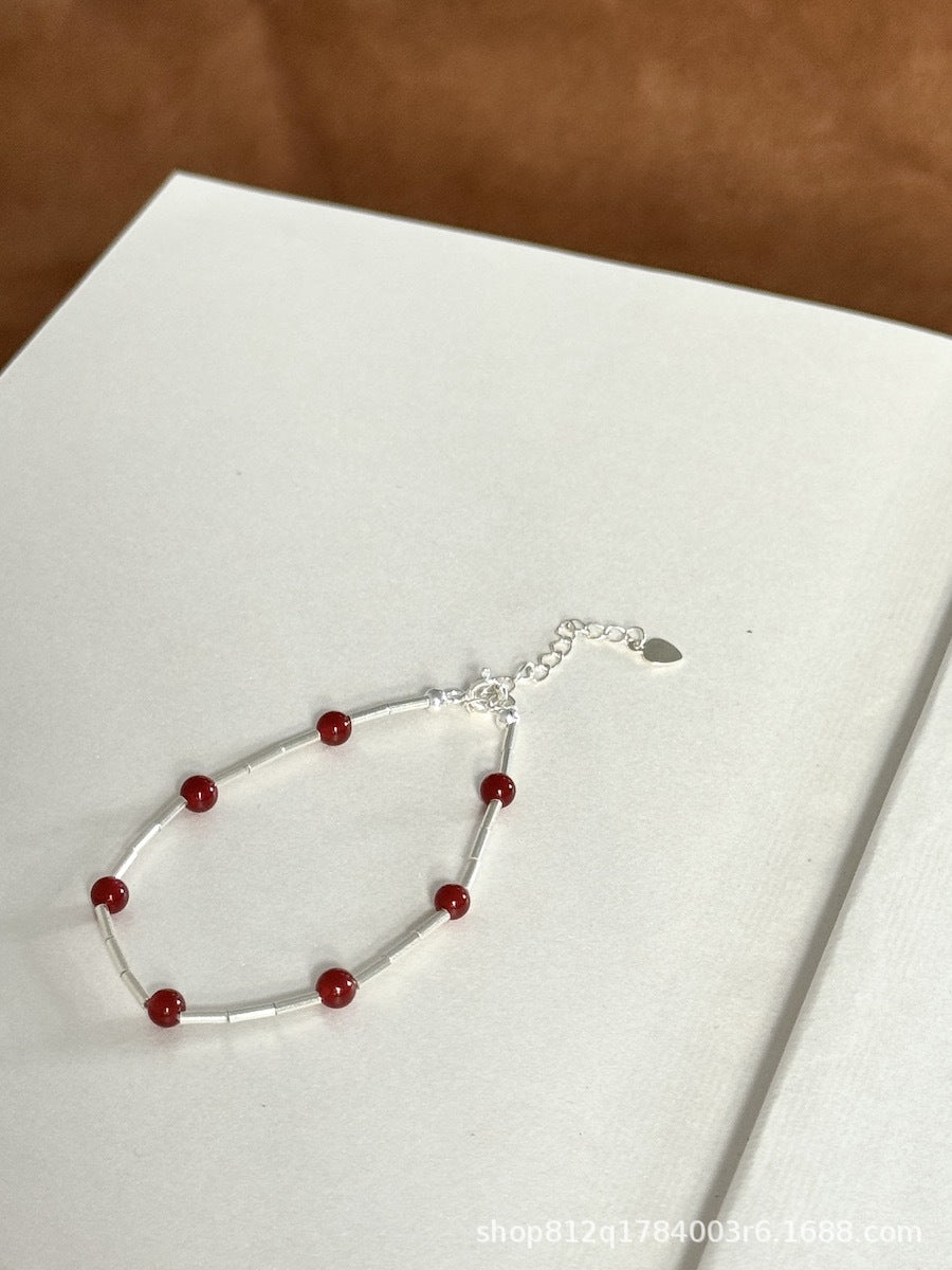 S925 Sterling Silver Red Agate Silver Tube Necklace and Bracelet