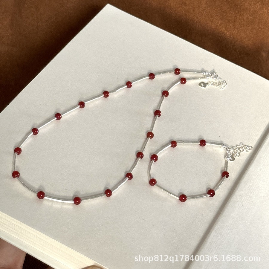 S925 Sterling Silver Red Agate Silver Tube Necklace and Bracelet