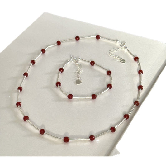 S925 Sterling Silver Red Agate Silver Tube Necklace and Bracelet