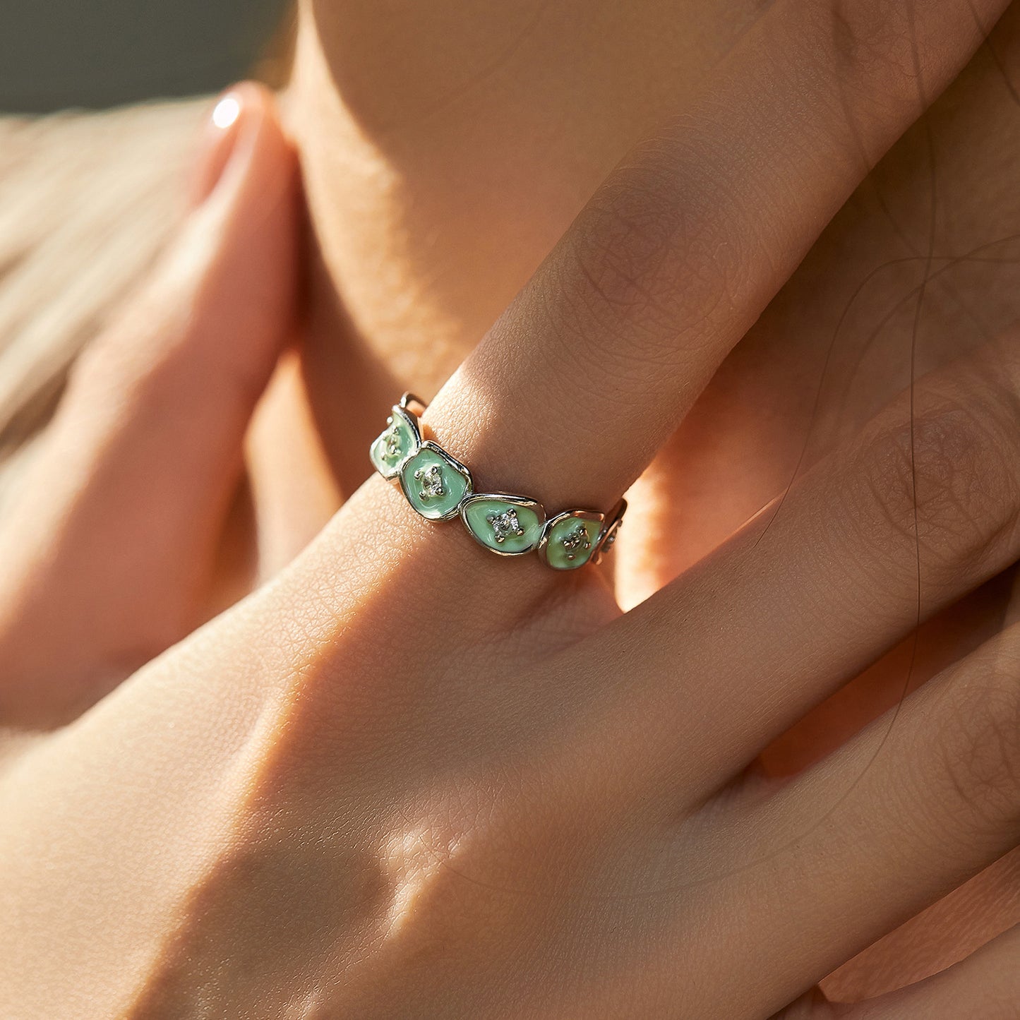 S925 Silver Irregular Diamond Mint Green Drop Glaze Ring