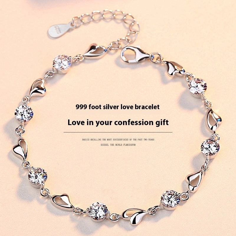 S999 Pure Silver Love Heart Couple's Bracelet