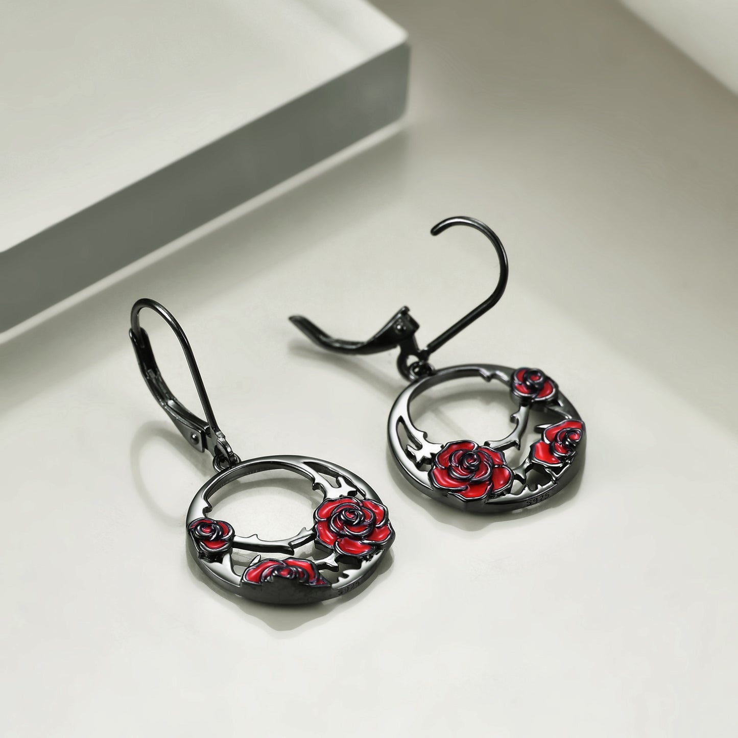 Sterling Silver Red Rose  Leverback Earrings