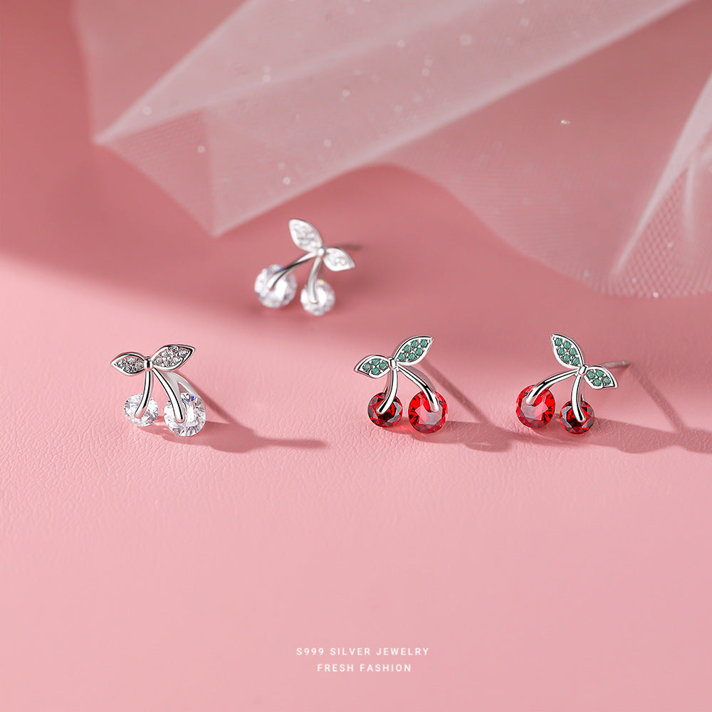 S999 Pure Silver Zircon Cherry Earrings