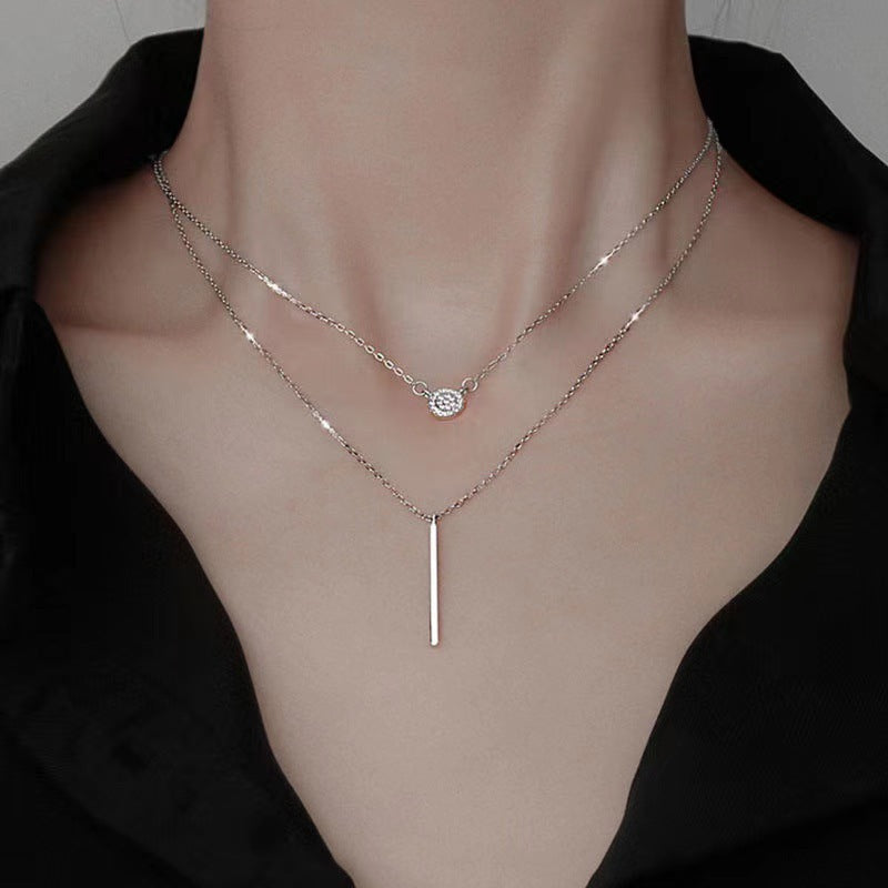 S925 Silver Double Chain Long Stick with Round Pendant Necklace