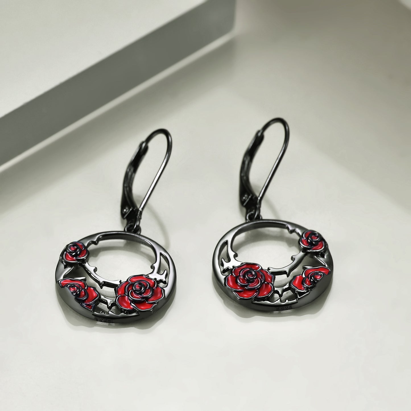 Sterling Silver Red Rose  Leverback Earrings