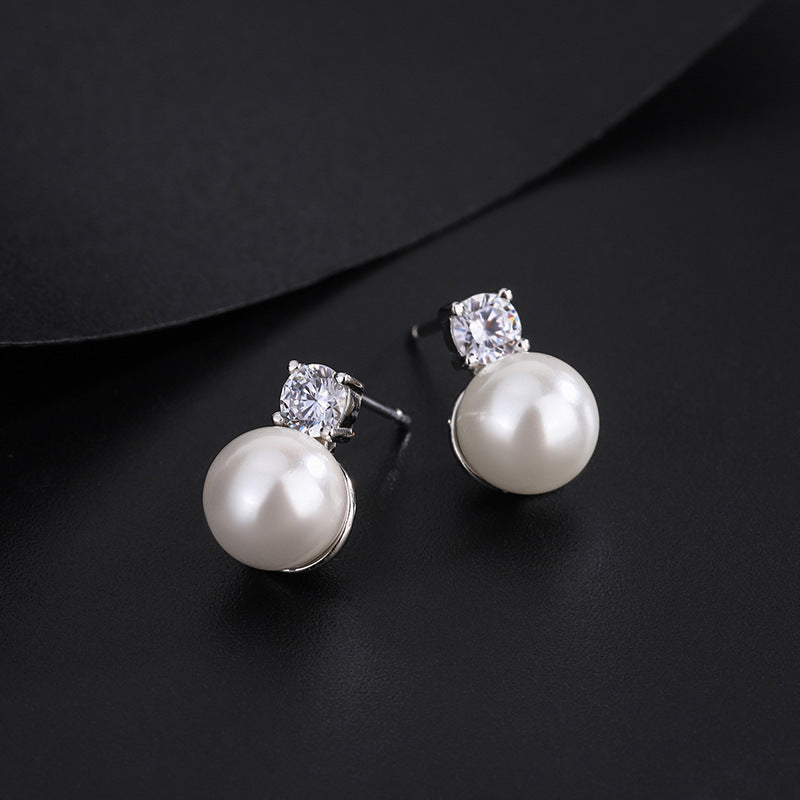 S999 Sterling Silver Square Four-claw Zircon Pearl Stud Earrings