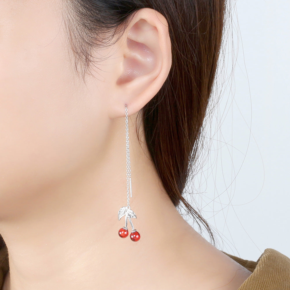 S925 Silver Red Cherry Dangly Earrings