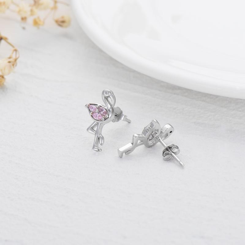 Pink Flamingo CZ Stud Earrings in White Gold Plated Sterling Silver