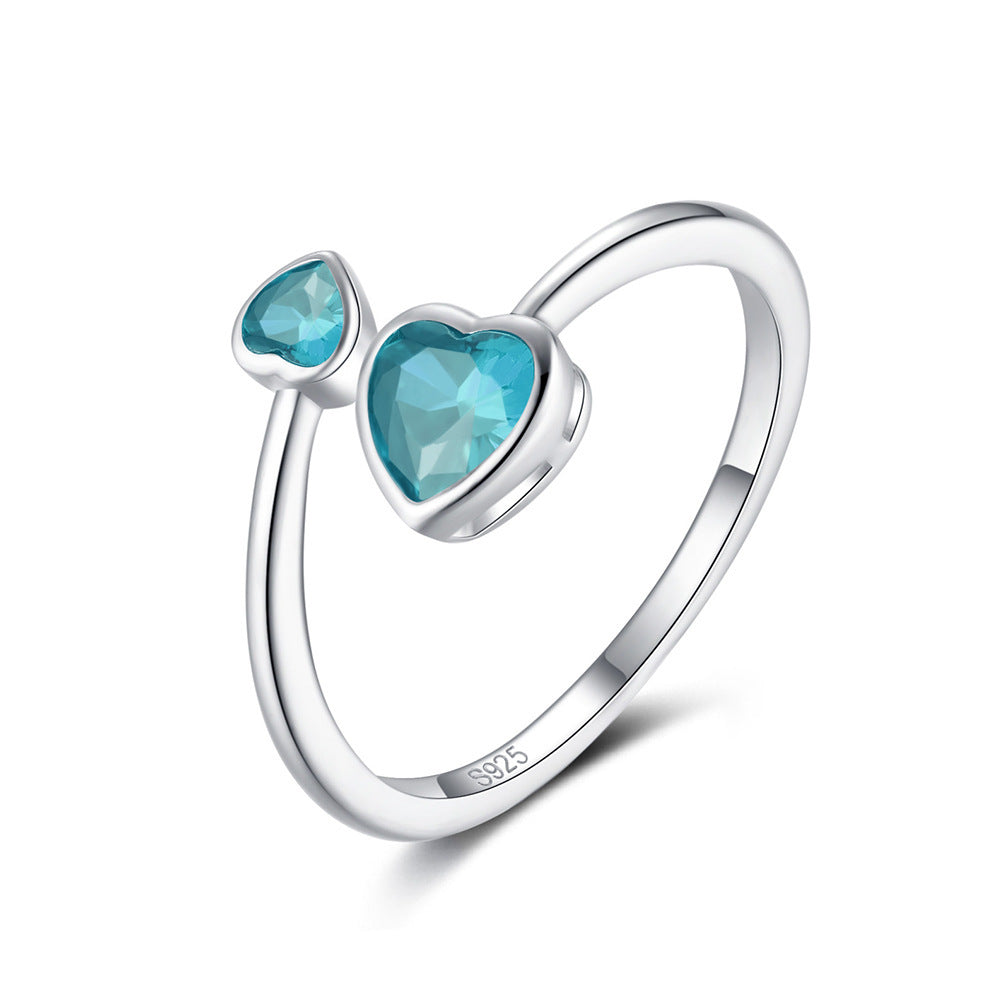 S925 Silver Double-headed Heart Birthstone  Ring