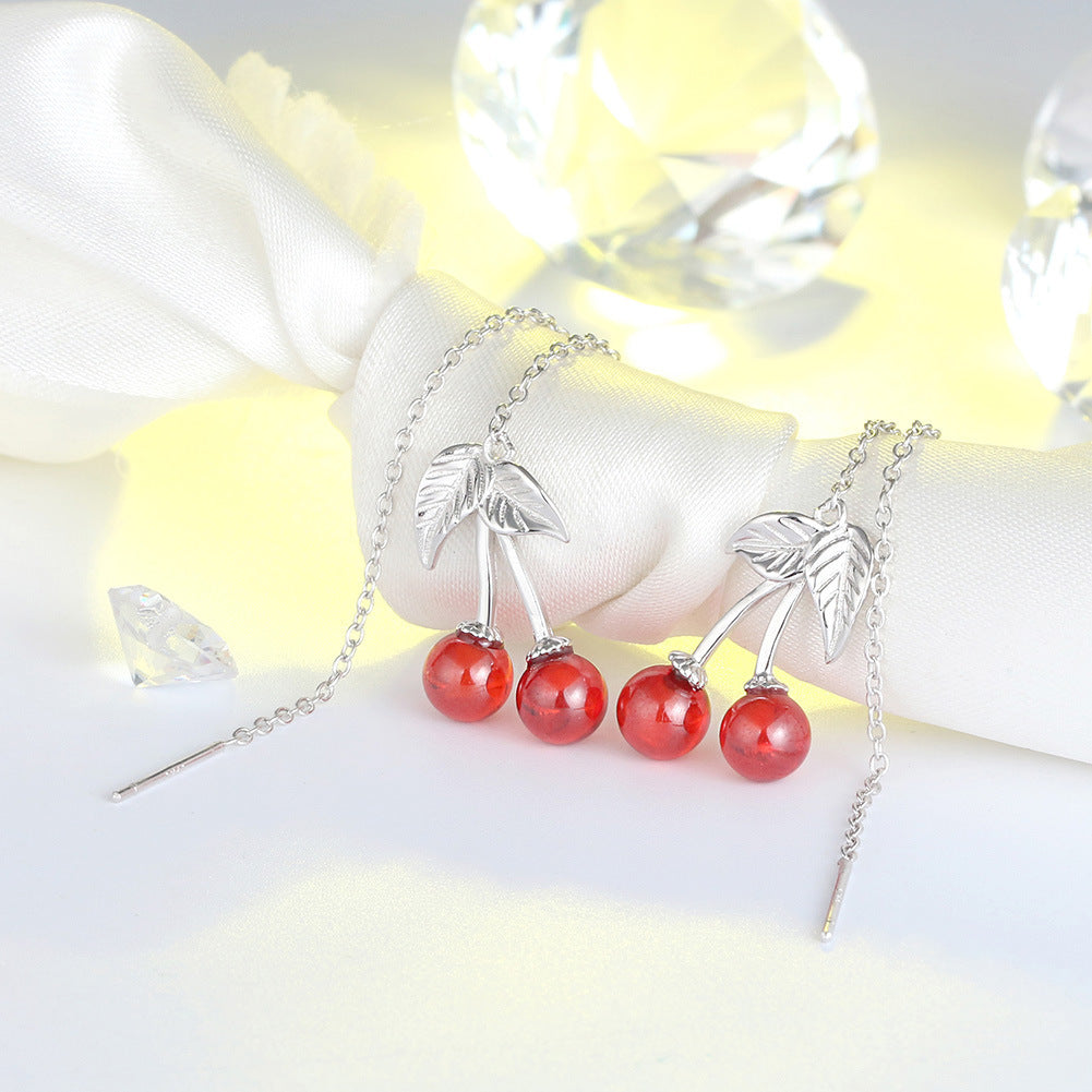 S925 Silver Red Cherry Dangly Earrings