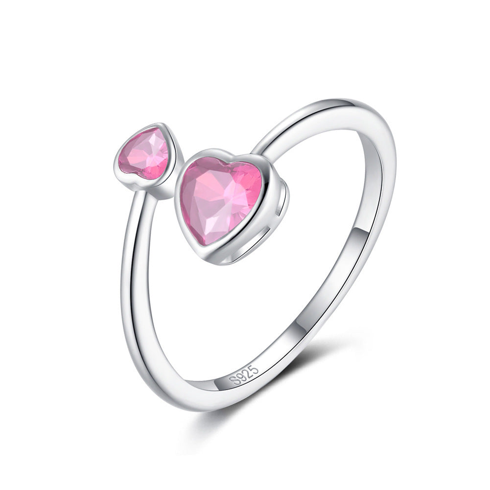 S925 Silver Double-headed Heart Birthstone  Ring