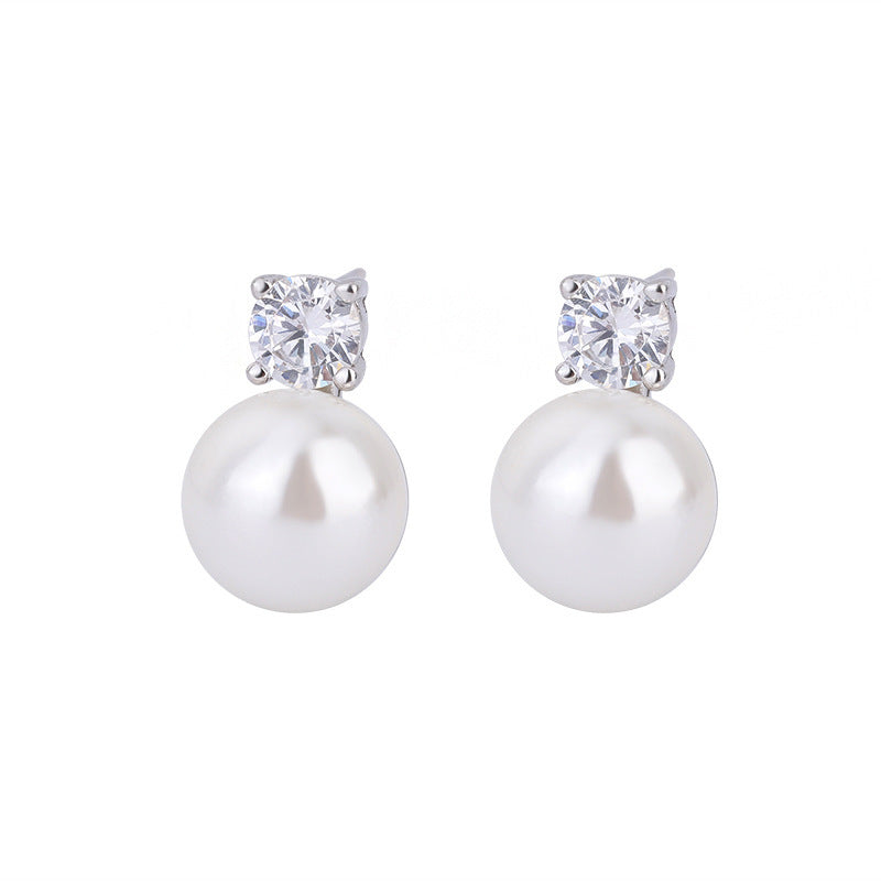 S999 Sterling Silver Square Four-claw Zircon Pearl Stud Earrings