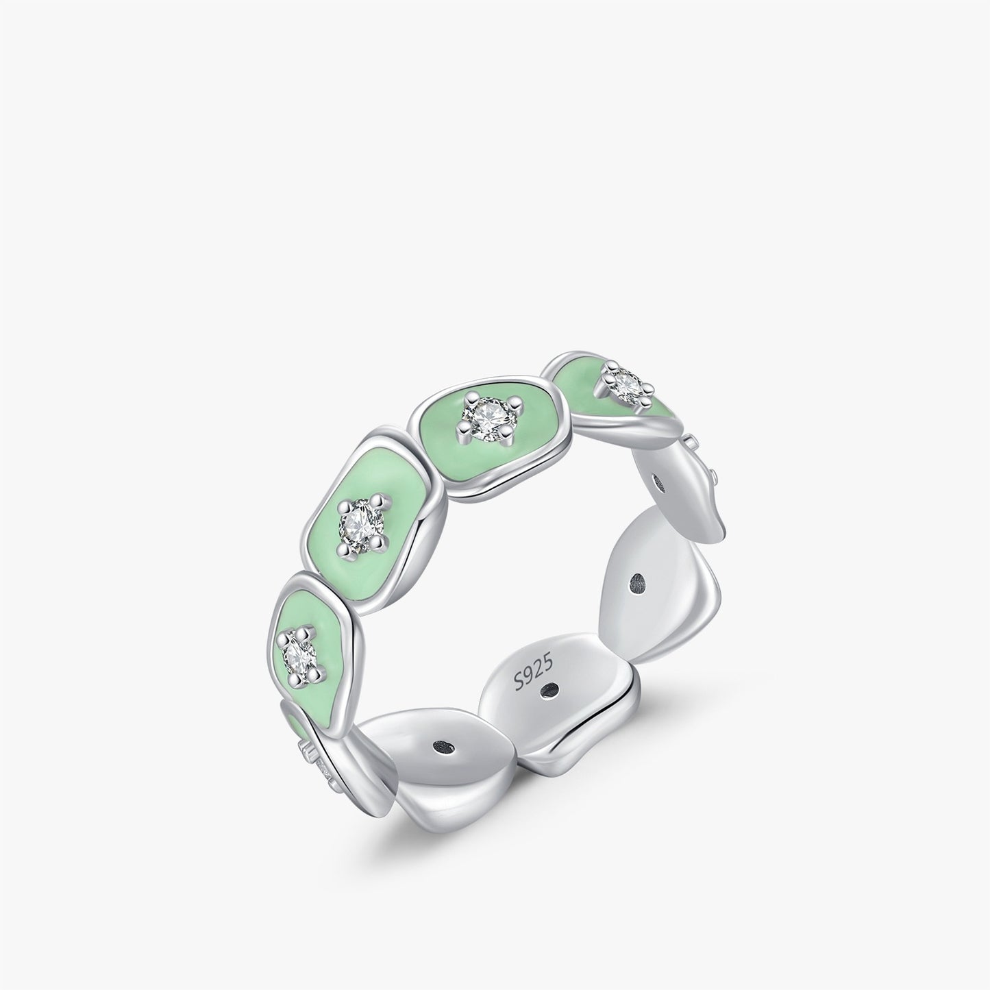 S925 Silver Irregular Diamond Mint Green Drop Glaze Ring