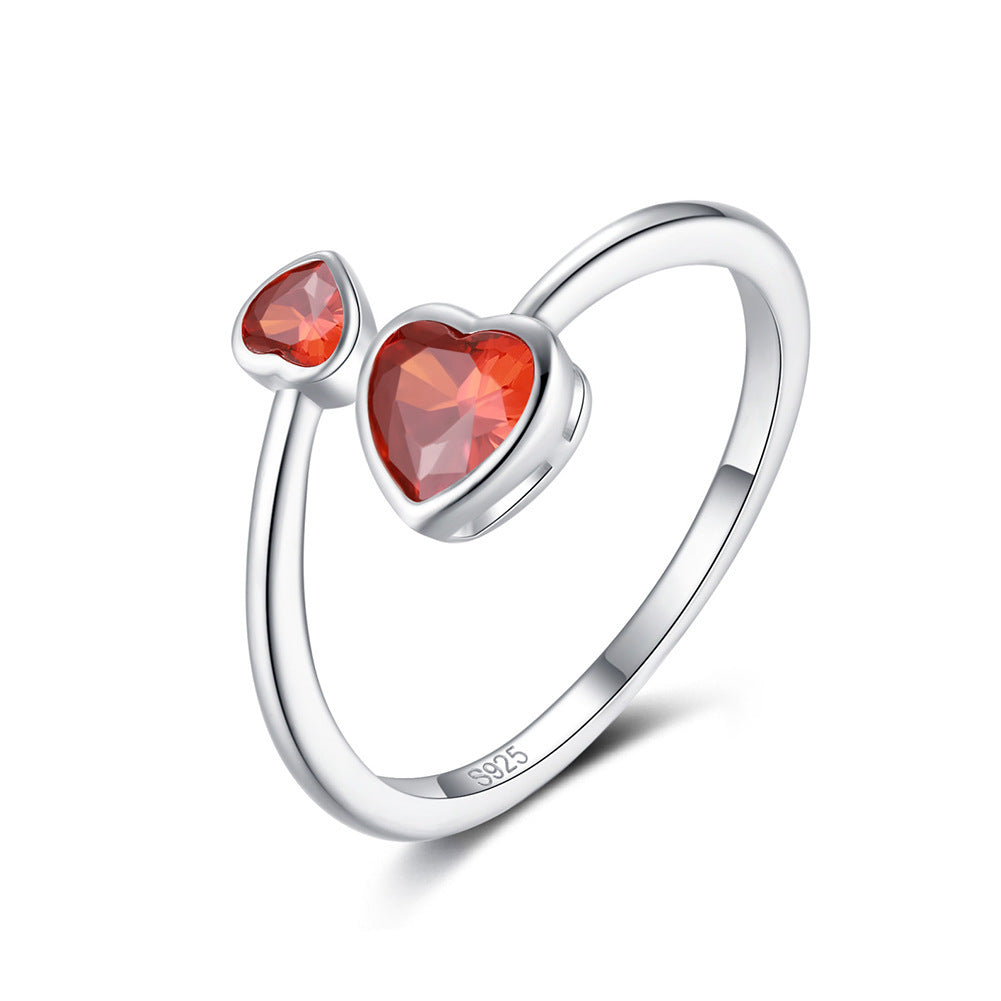 S925 Silver Double-headed Heart Birthstone  Ring