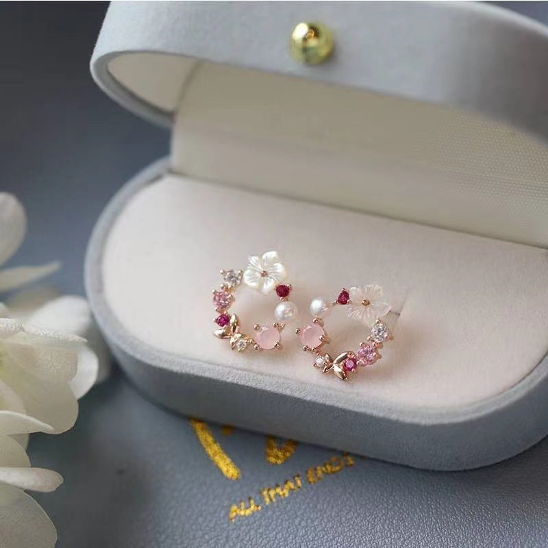 Korean S925 Silver Pink Garland Stud Earrings