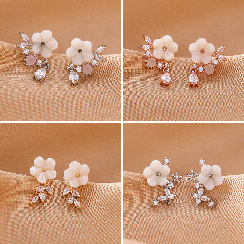 Women's Shell Flower Drop Zircon Earrings