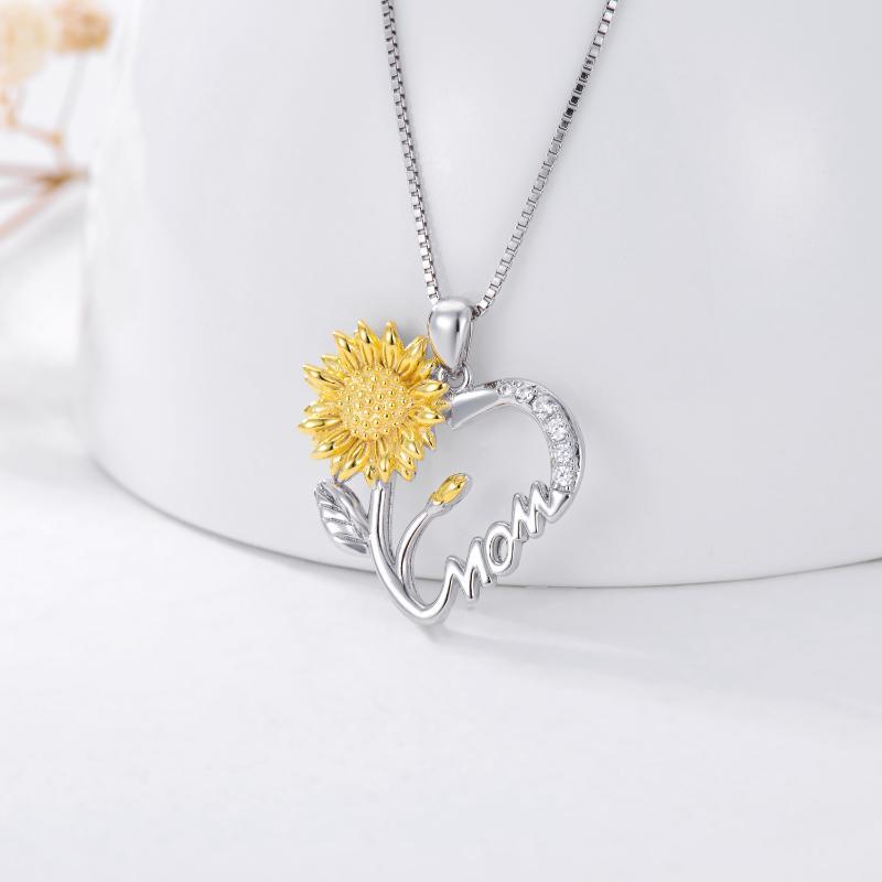 925 S.Silver Sunflower Heart Mother Pendant Necklace